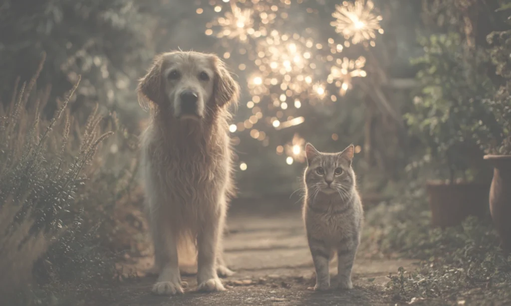 A dog and cat standing in a garden with fireworks going off in the background.
