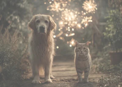 A dog and cat standing in a garden with fireworks going off in the background.