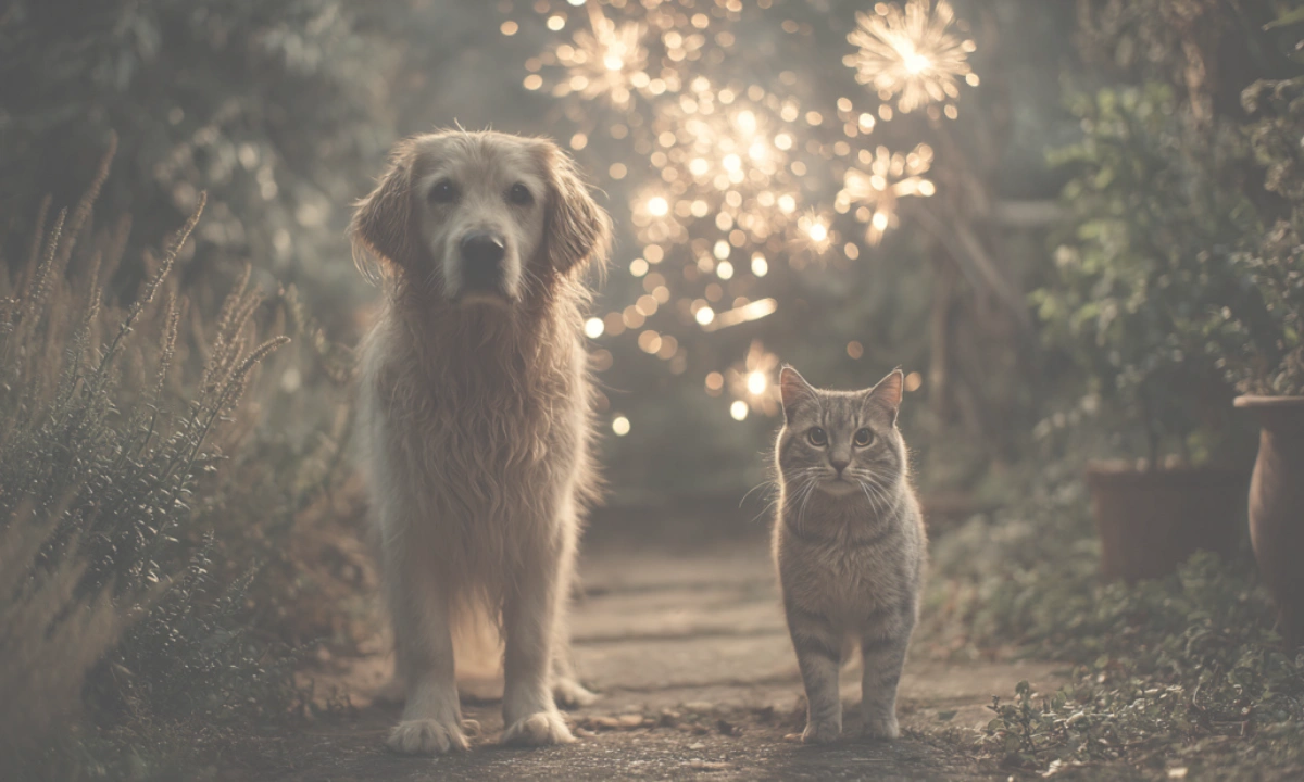 Managing Pet Anxiety During Fireworks Season A dog and cat standing in a garden with fireworks going off in the background.