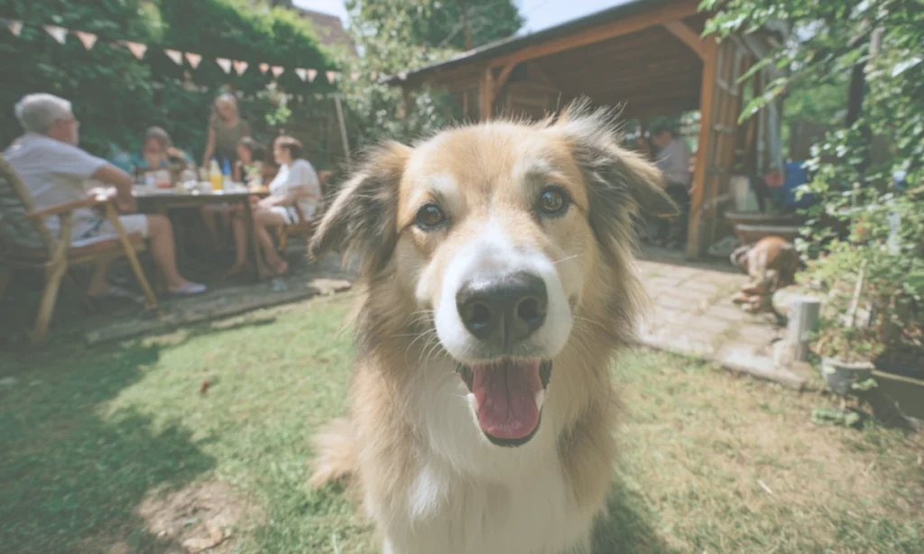 A dog at a family BBQ in the garden.